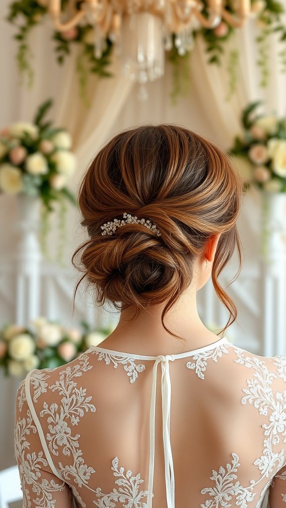 A bride with a beautiful hairstyle featuring a knotless braid bob, adorned with floral decorations in the background.