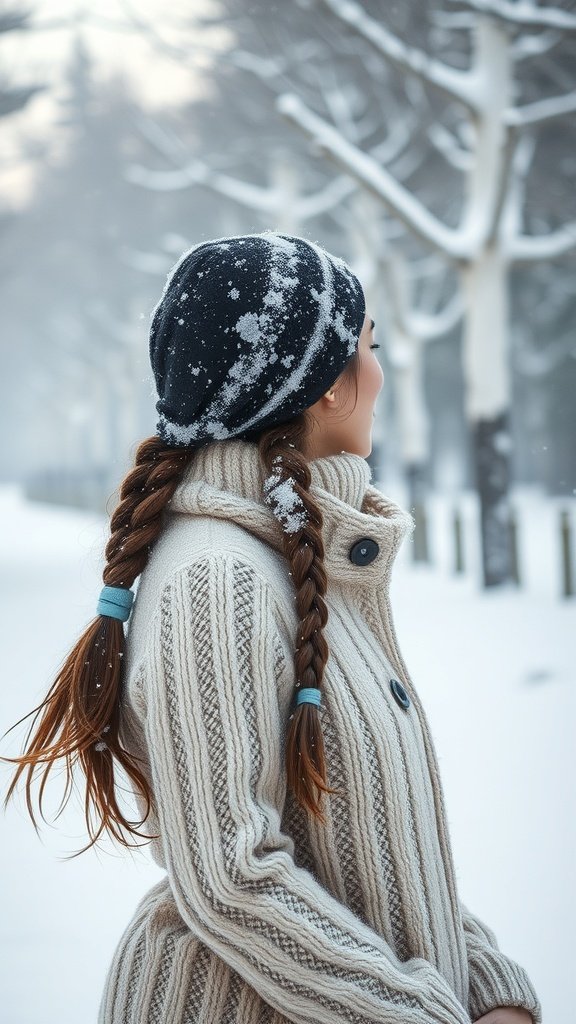 A woman with knotless braids wearing a winter coat and hat in a snowy setting.