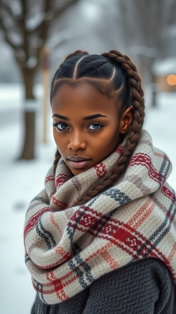 A young woman with small knotless braids wearing a cozy scarf in a snowy setting.