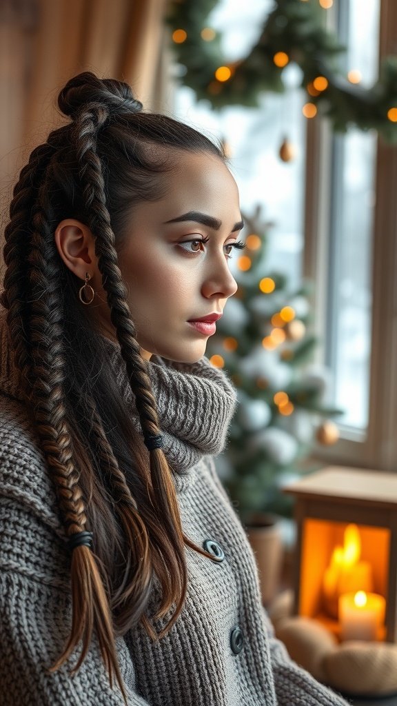 A woman with knotless braids and curly ends, wearing a cozy sweater, looking out a window decorated for winter.