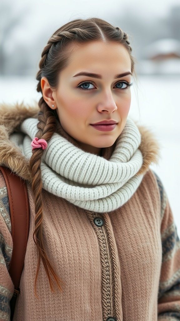 A woman with short knotless braids and curly ends, wearing a cozy winter outfit.