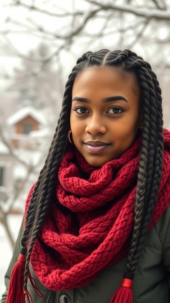 A young woman with xs knotless braids wearing a red scarf in a winter setting.