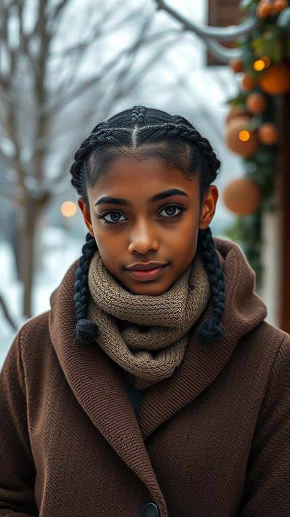 A young woman with knotless braids wearing a brown coat and scarf in a winter setting.