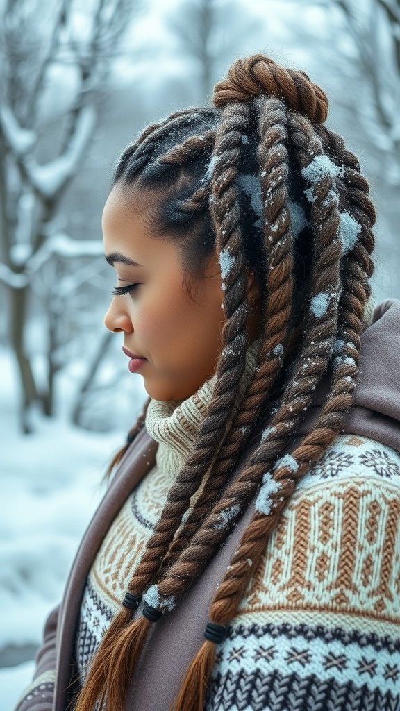 A woman with long knotless braids in a snowy winter setting, wearing a cozy sweater.