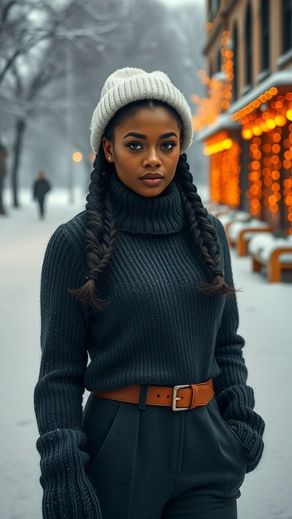 A woman with brown knotless braids wearing a cozy sweater and hat in a snowy winter setting.
