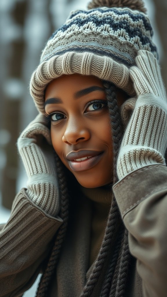 A woman with short boho knotless braids, wearing a cozy hat and gloves in a winter setting.