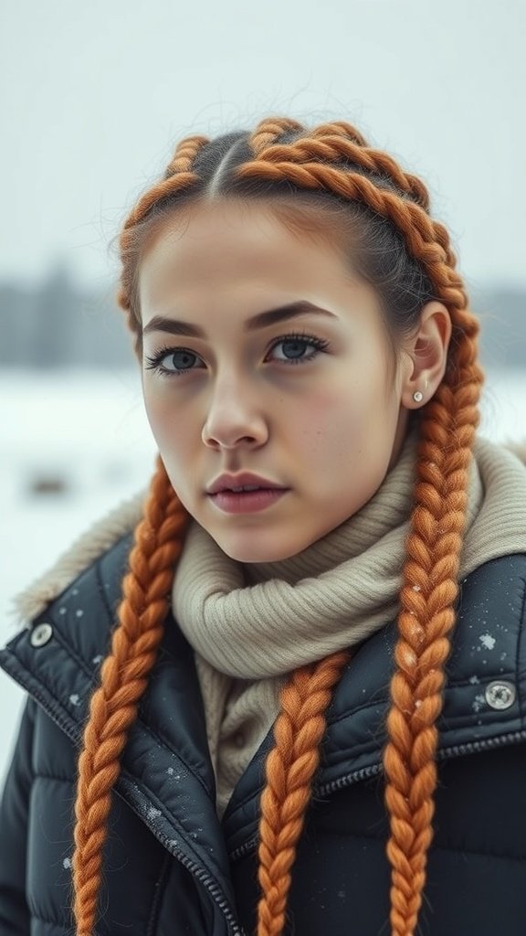 A young woman with orange knotless braids wearing a black jacket and a beige sweater in a snowy winter setting.