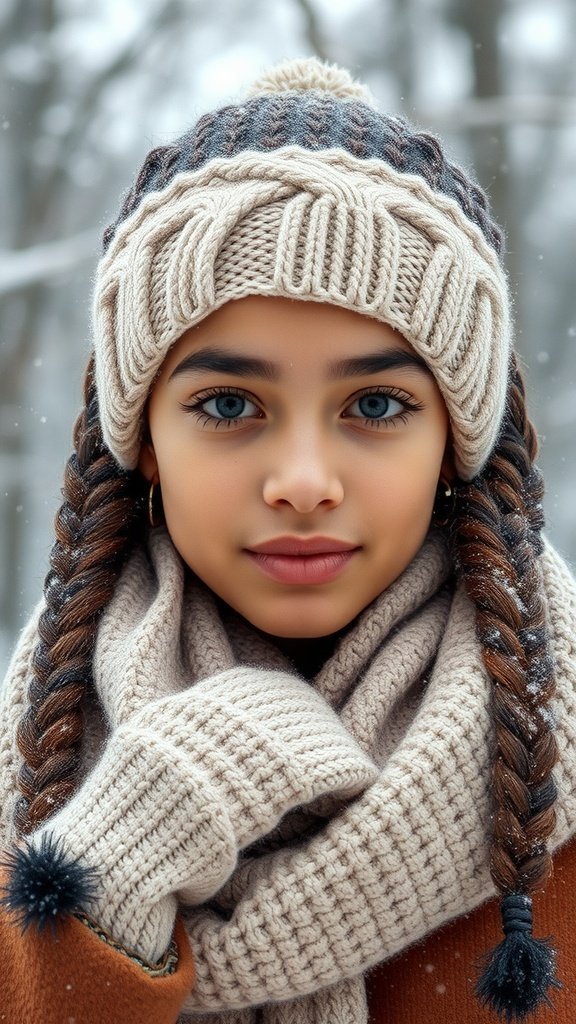 A young person with small boho knotless braids, wearing a knitted hat and scarf in a snowy setting.