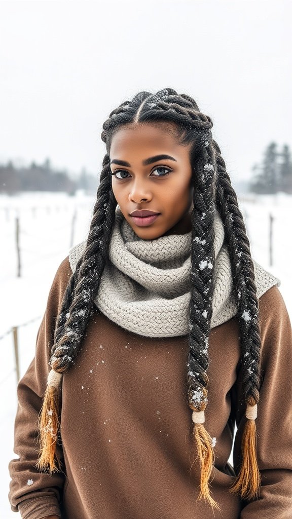 A woman with long knotless braids and loose curls, wearing a cozy scarf in a snowy winter setting.