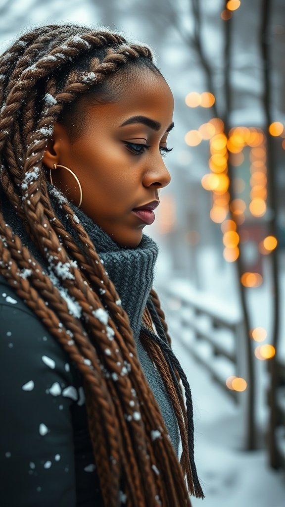 A woman with long knotless braids standing in a snowy environment, showcasing winter fashion.