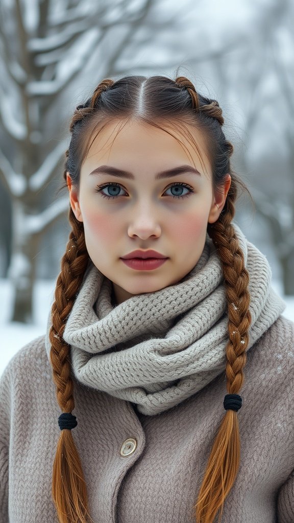 A young woman with small boho knotless braids, wearing a cozy scarf and a winter coat, set against a snowy background.