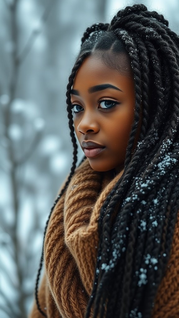 A young woman with long knotless braids, wearing a cozy sweater in a snowy outdoor setting.