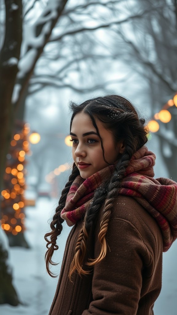 A young woman with knotless braids and curls, wearing a cozy scarf in a snowy winter setting.