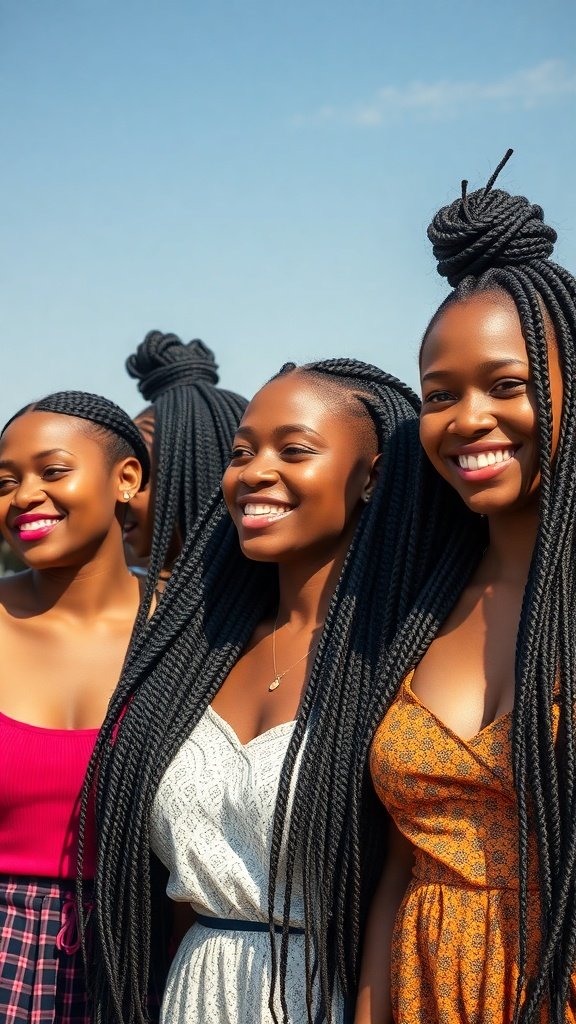 A group of women smiling and showcasing their large knotless braids in a sunny outdoor setting.