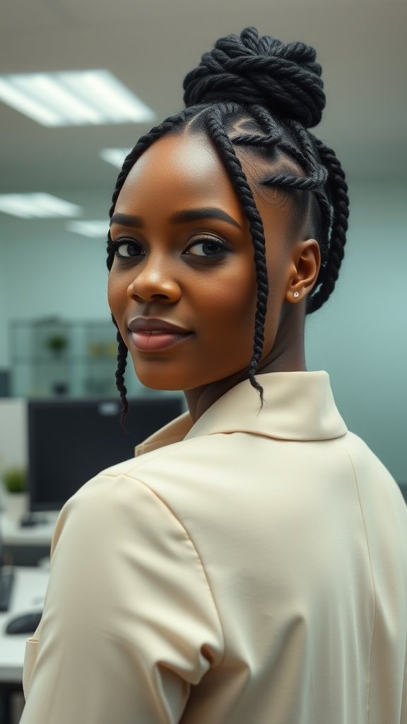A woman with knotless braids styled in a bun, looking confidently in an office setting.