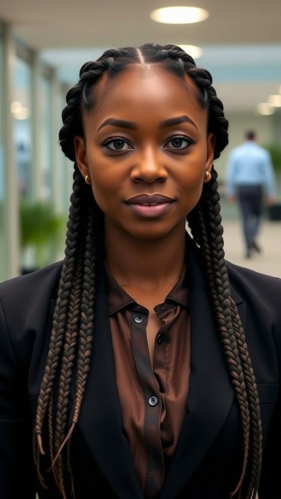 A professional woman with knotless braids in an office setting.