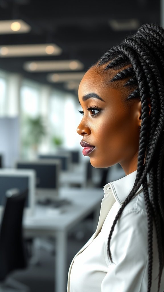 A woman with small knotless braids in an office setting, showcasing a professional hairstyle.