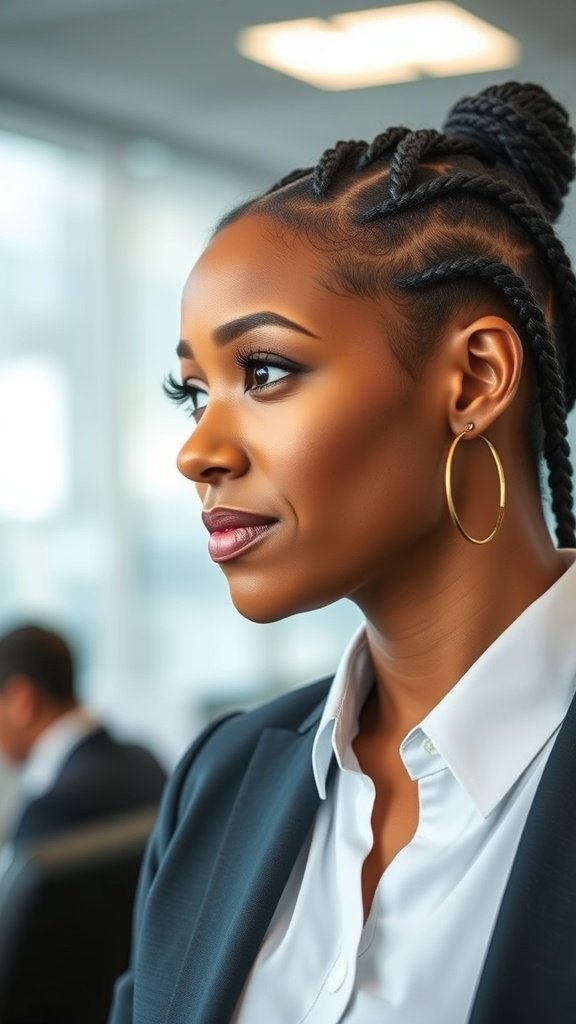 A professional woman with short knotless braids styled with curly ends, wearing a blazer in an office setting.