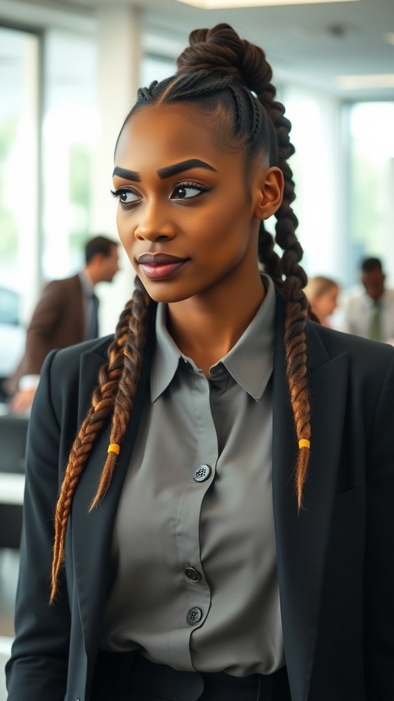 A professional woman with large boho knotless braids, dressed in a suit, in a modern office setting.
