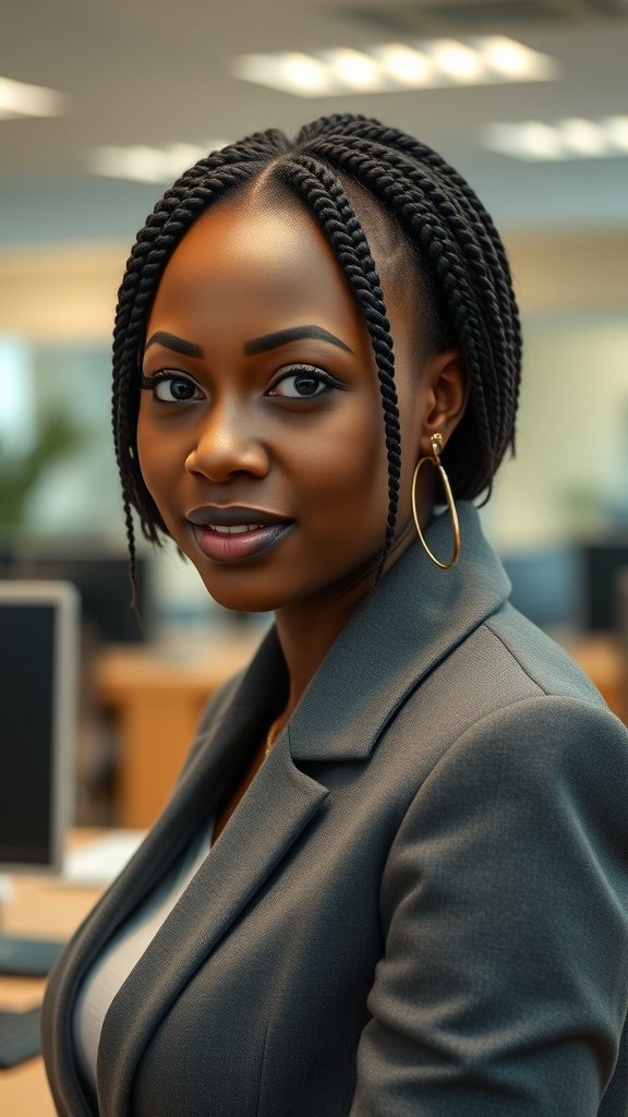 A woman with bob knotless braids in a professional office setting.