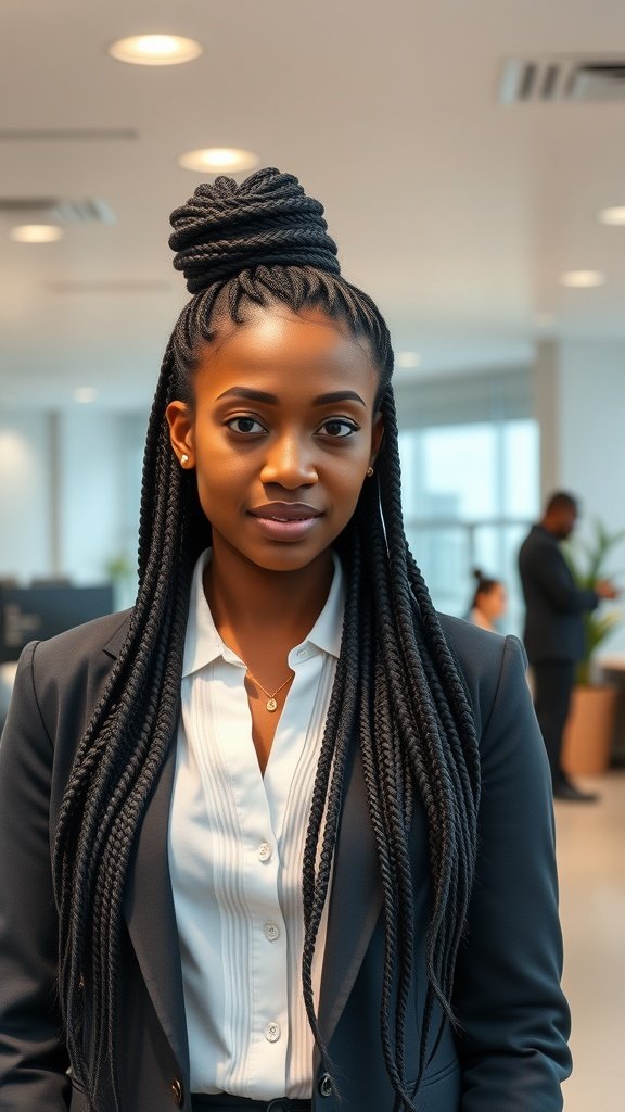 A woman with jumbo boho knotless braids styled in a professional setting.