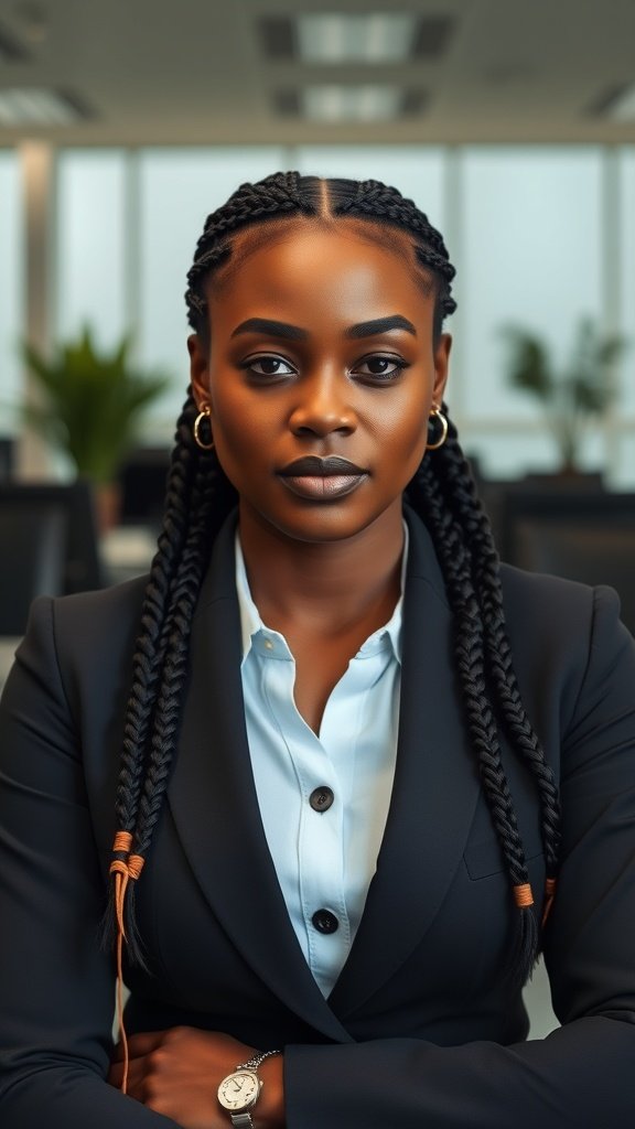 A professional woman with small boho knotless braids, wearing a suit in an office setting.
