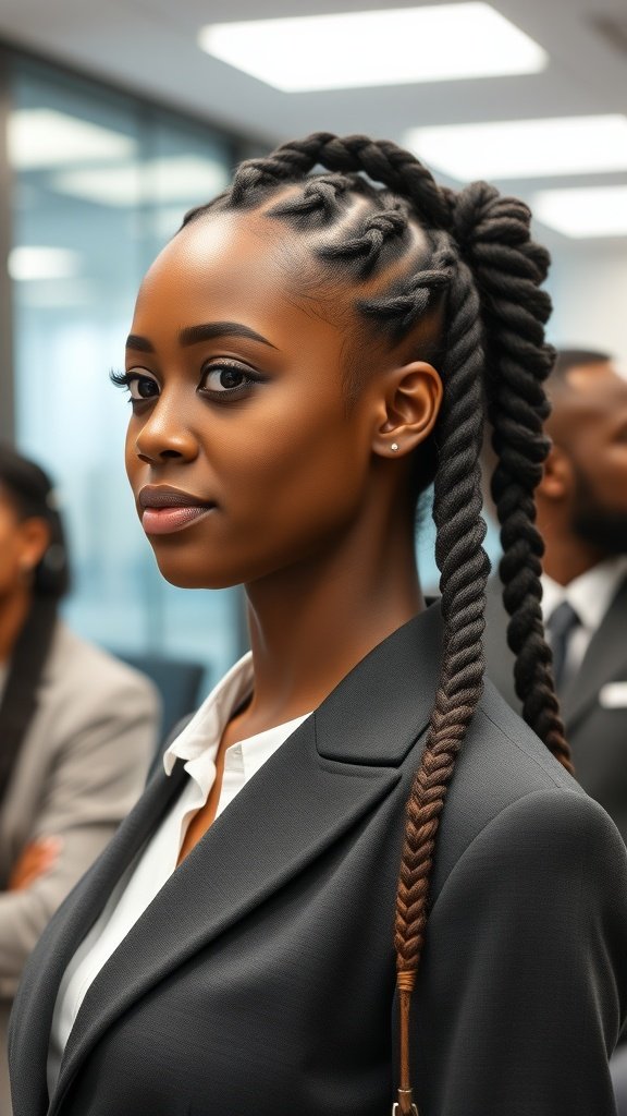 A professional woman with knotless braids in a business setting.