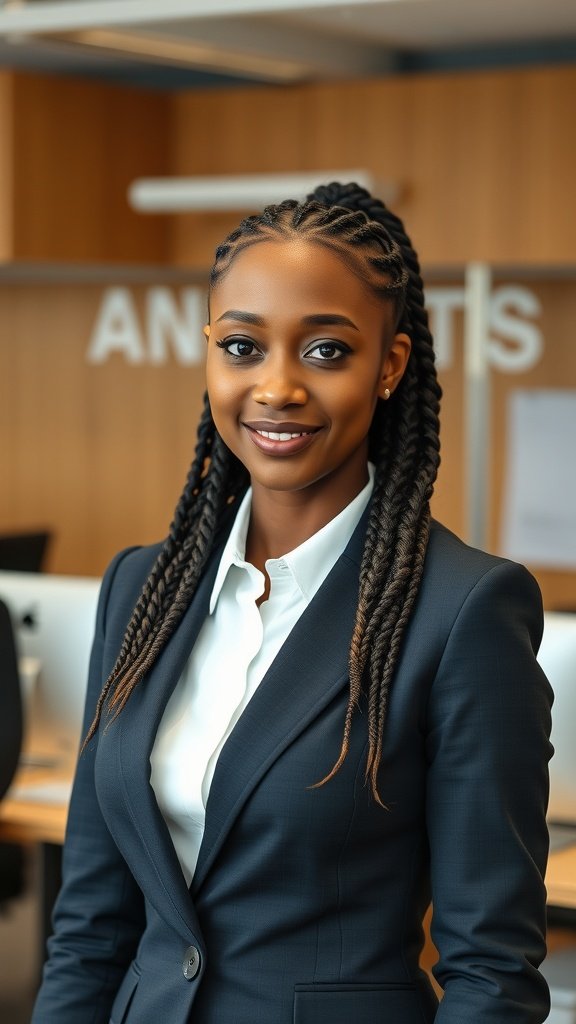 A professional woman with xs knotless braids in a business setting.