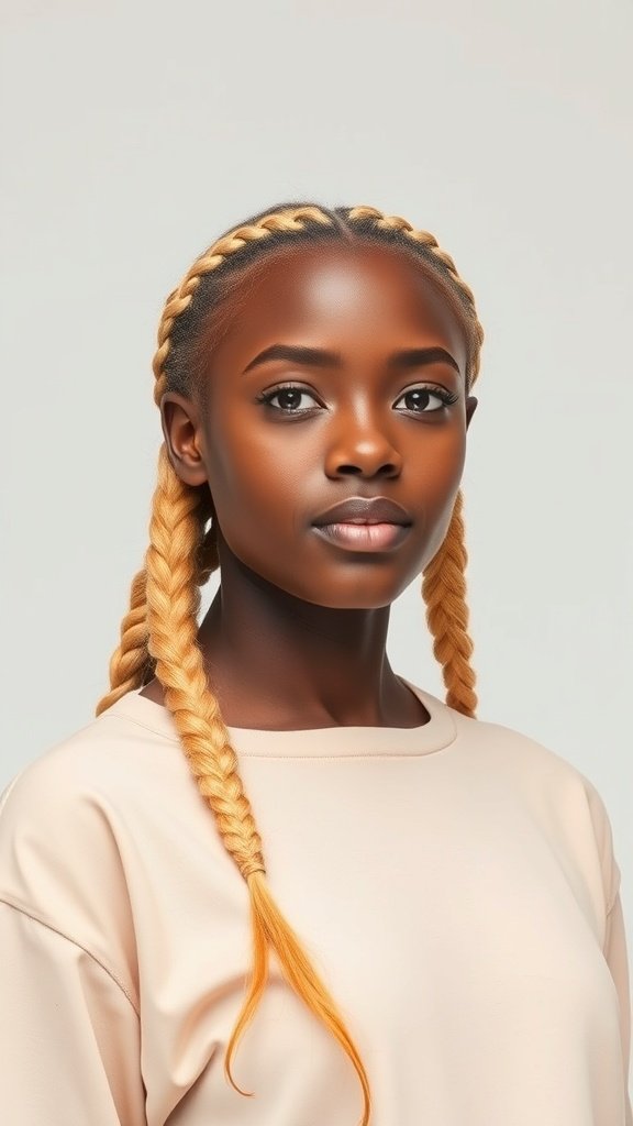 A woman with honey blonde knotless braids, showcasing a professional and stylish look.