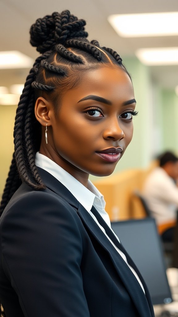 A woman with Fulani knotless braids in a professional office setting, wearing a blazer and looking confidently at the camera.
