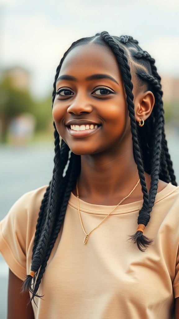 A young girl smiling with knotless braids styled in a bob, showcasing a youthful and vibrant look.