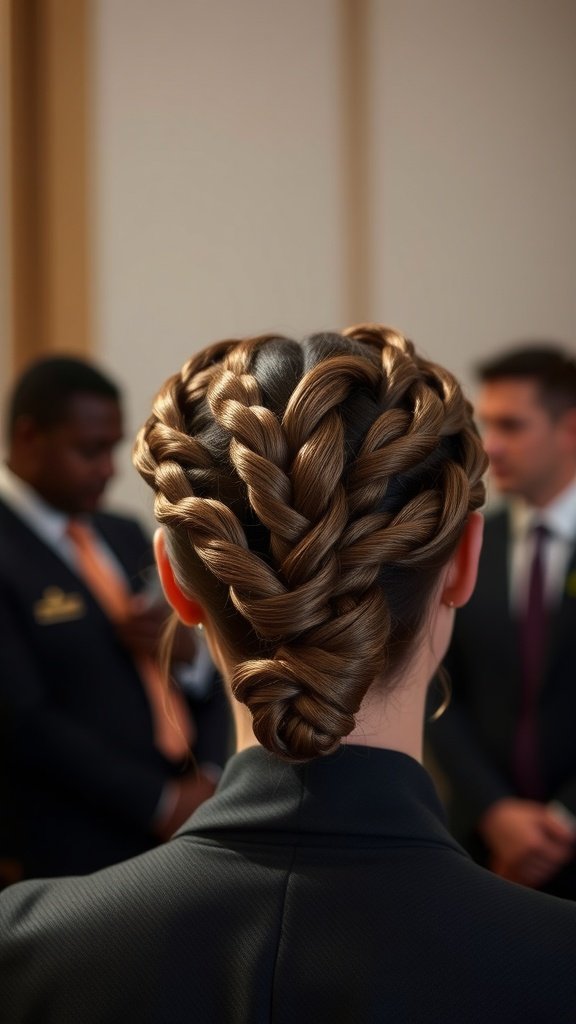 A close-up view of a braided crown hairstyle featuring knotless braids.
