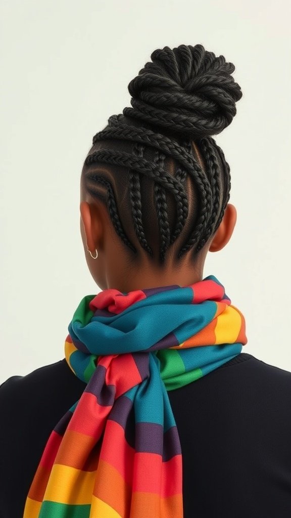 A woman with knotless braids styled in a bun, wearing a colorful scarf.