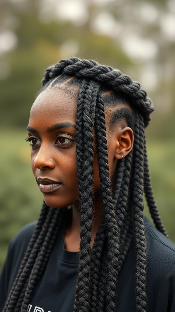 A woman with knotless braids styled in a crown, showcasing a beautiful braided hairstyle.