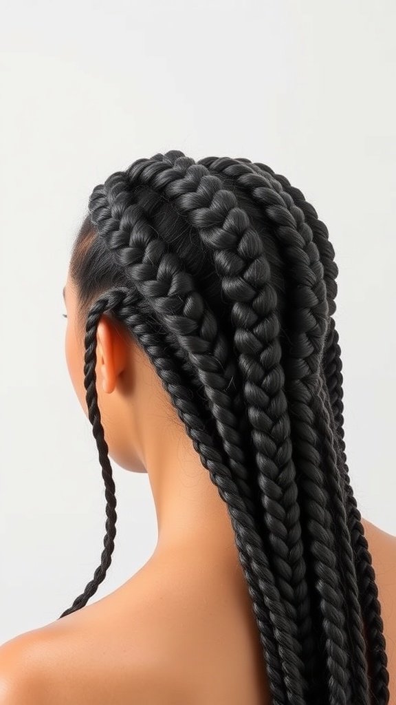 A close-up view of a person's back with long knotless braids styled in a crown.