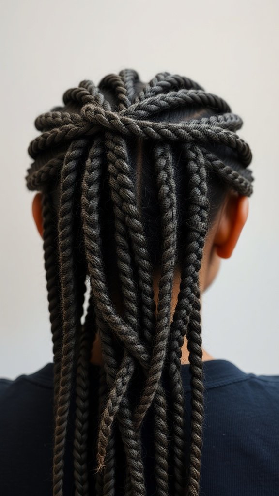 A person with knotless braids styled in a crown shape, showcasing a neat and elegant hairstyle.
