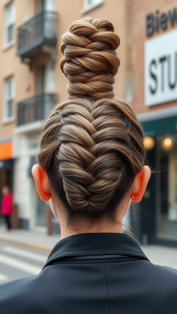 A woman with a stylish high bun made from knotless braids, showcasing a chic hairstyle.