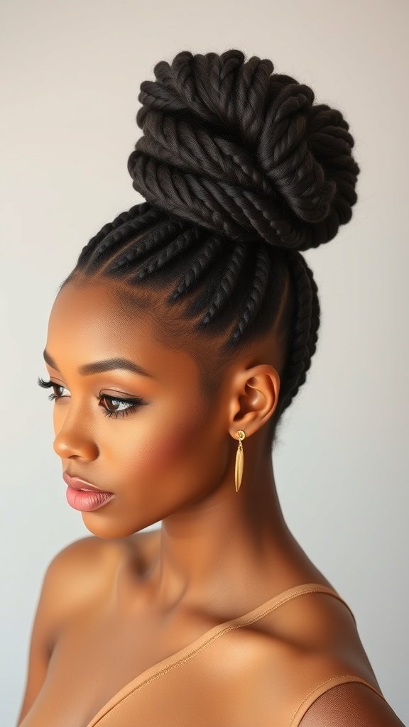 A woman with knotless braids styled in a high bun, showcasing a chic and elegant hairstyle.