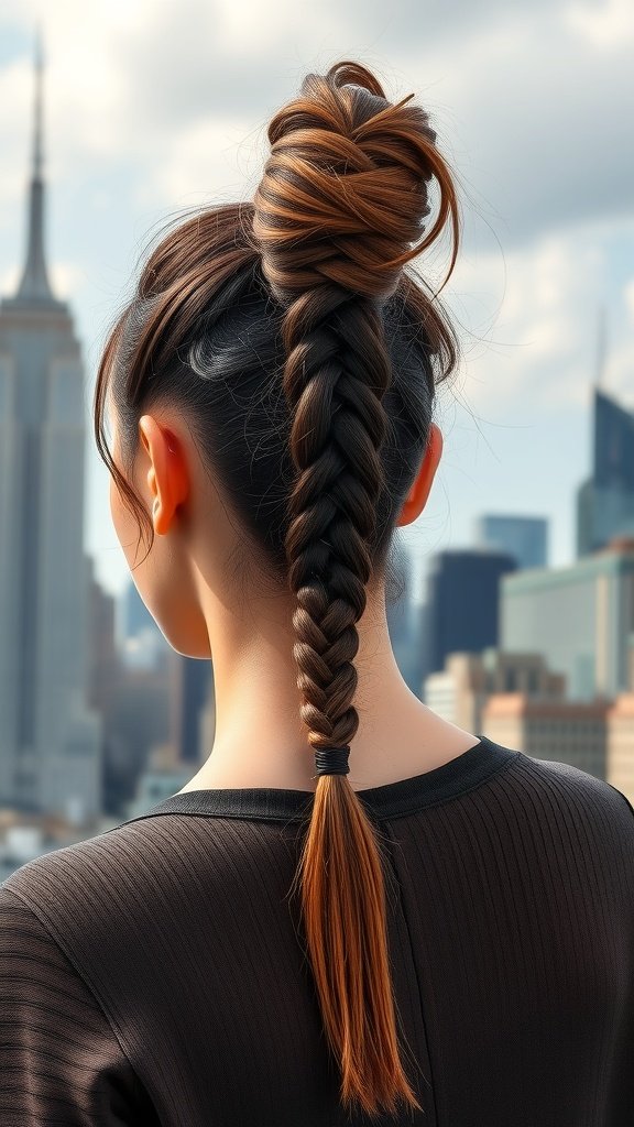 A woman with a high ponytail of knotless braids, showcasing a stylish and modern look.