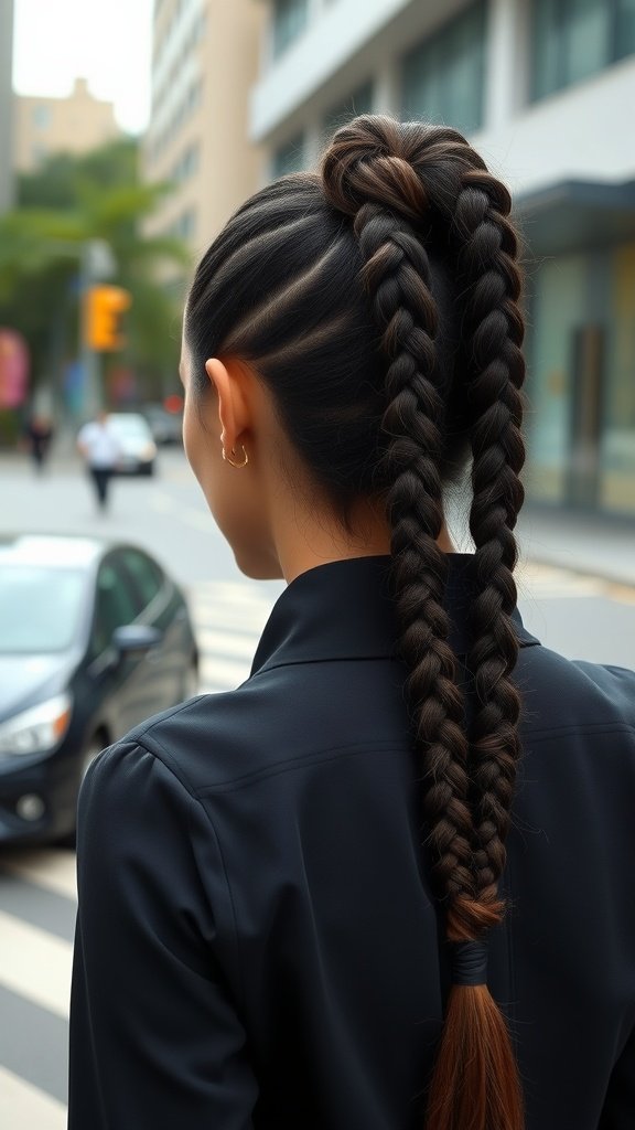 A woman with knotless braids styled in a high ponytail, showcasing sleek braids and a modern look.
