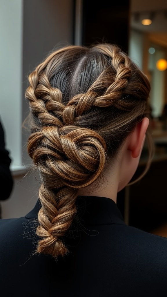 A stylish low bun created with knotless braids, showcasing intricate braiding patterns.