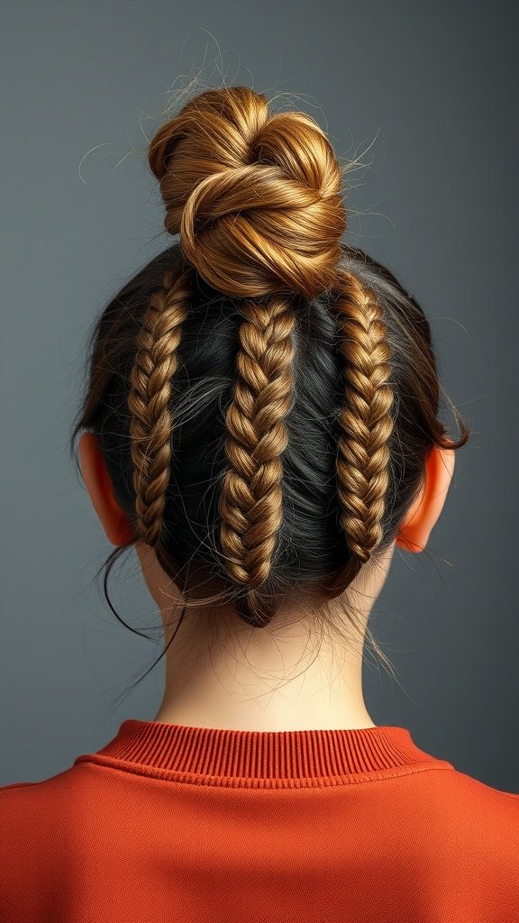 A woman with knotless braids styled in a messy bun, showcasing a trendy hairstyle.