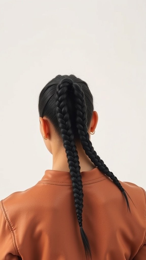 A person with two knotless braids styled in a ponytail, showcasing a sleek and trendy hairstyle.