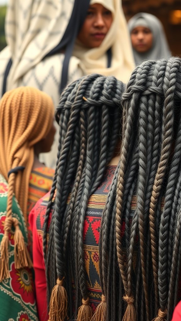 A group of women showcasing various styles of knotless braids, highlighting their cultural significance and beauty.