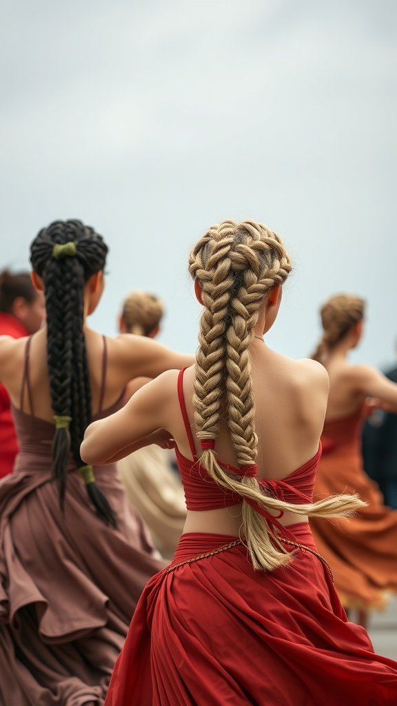 Dancers showcasing various knotless braid styles during a performance
