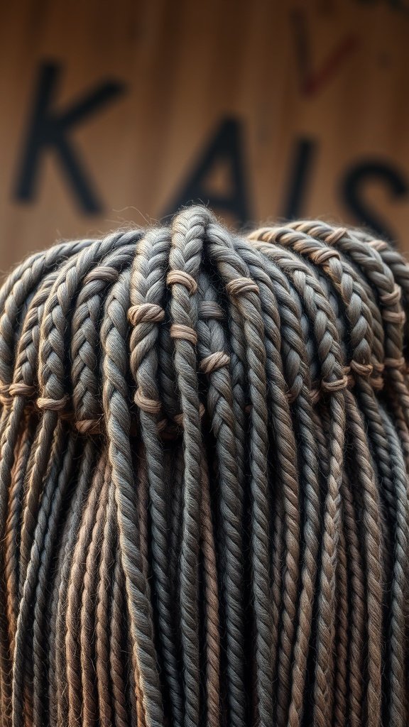 Close-up of short bohemian knotless braids showcasing intricate patterns and colors.