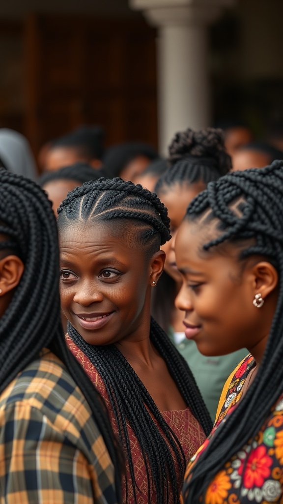 A group of women with knotless braids, showcasing intricate styles and curly ends.