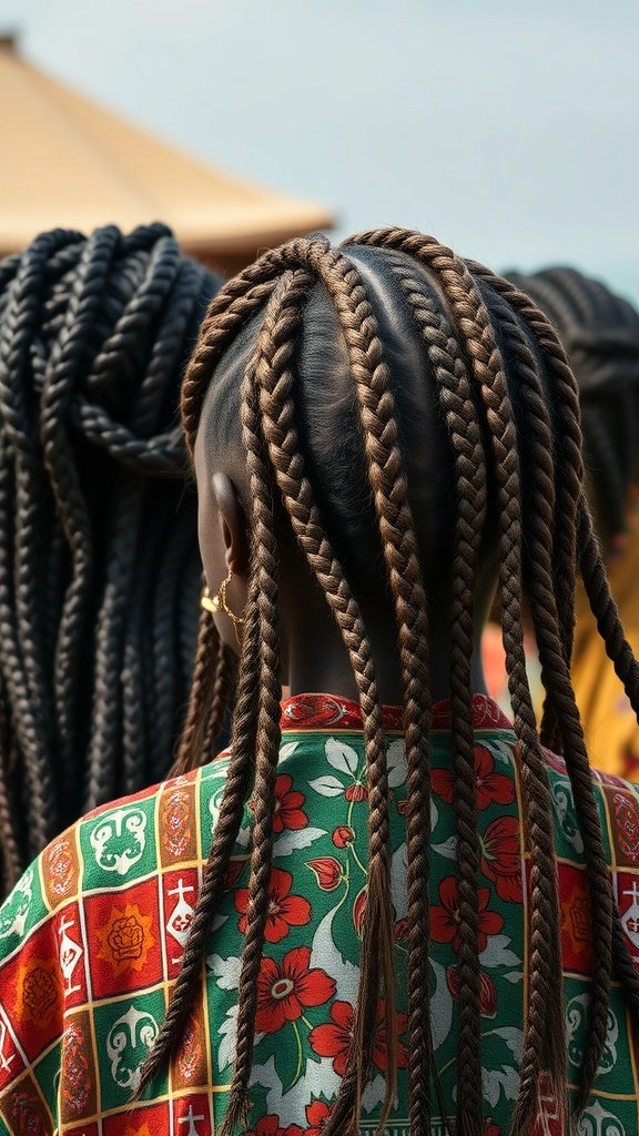 A close-up view of a person with knotless braids, showcasing intricate hair design and colorful attire.