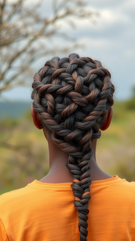 A person with xs knotless braids, showcasing a blend of dark and brown hair, styled in a beautiful braid.