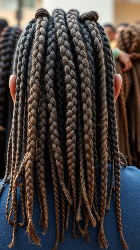 A close-up view of long knotless braids styled in a tribal fashion.